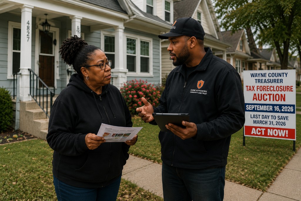 Divine Authorities team member helping Detroit homeowners understand property tax foreclosure options
